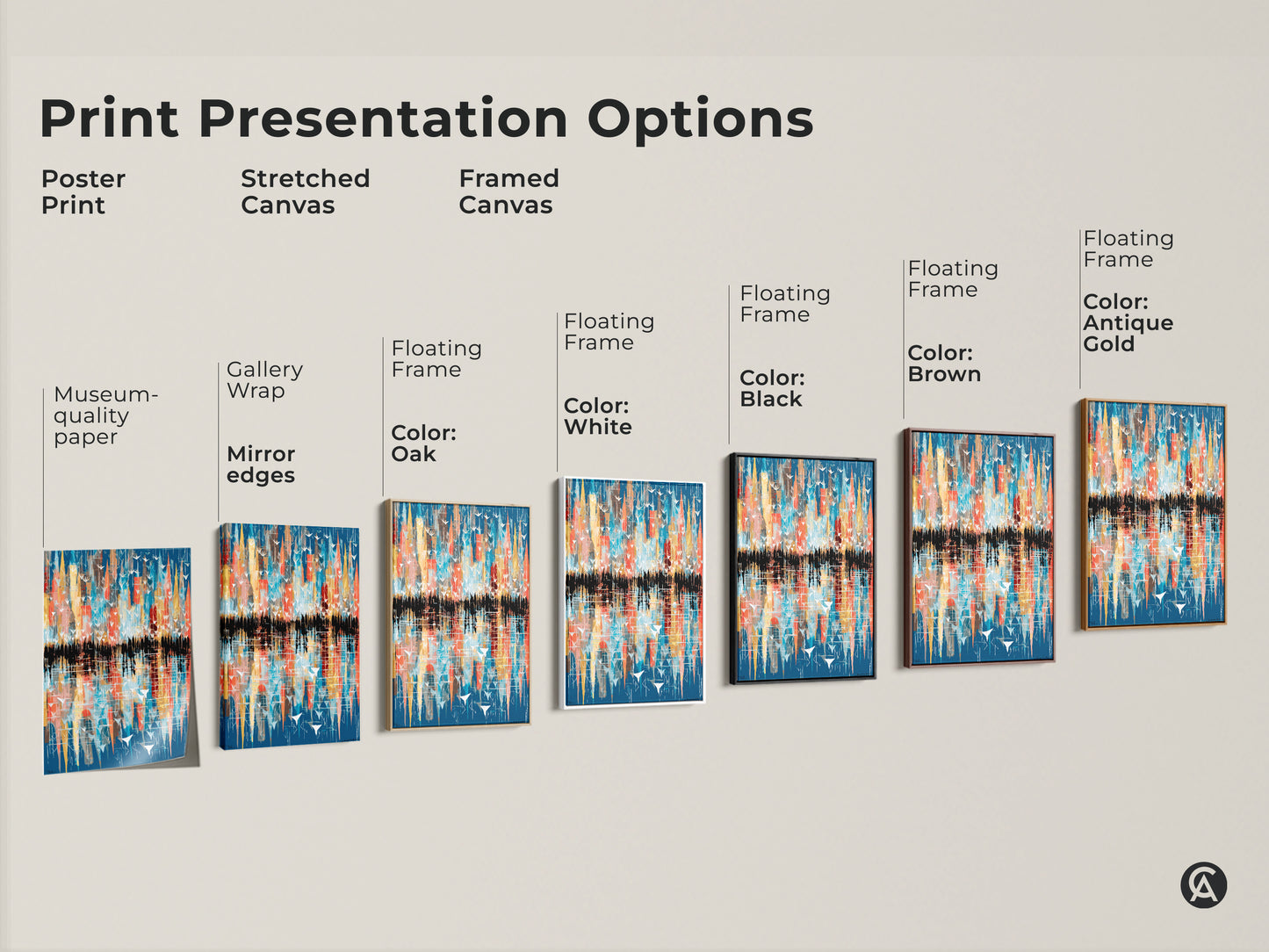 Explore print presentation options for this bird cityscape art. Choose from poster print stretched canvas or framed canvas. Various floating frame colors available. This modern abstract artwork adapts to your home decor preferences.
