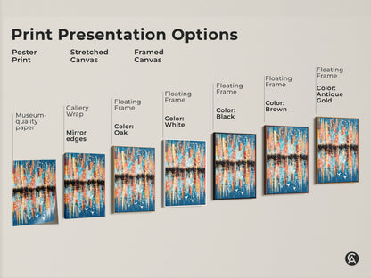 Explore print presentation options for this bird cityscape art. Choose from poster print stretched canvas or framed canvas. Various floating frame colors available. This modern abstract artwork adapts to your home decor preferences.