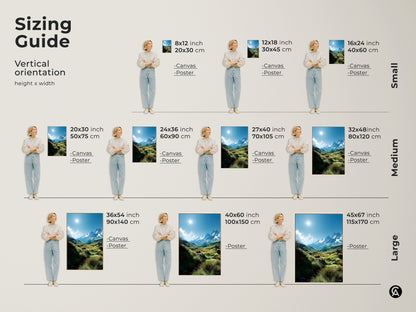 Sizing guide for vertical mountain landscape art. Available in small medium and large sizes. Choose the perfect dimensions for your space. Options include canvas and poster prints. Transform your walls with this stunning mountain art.