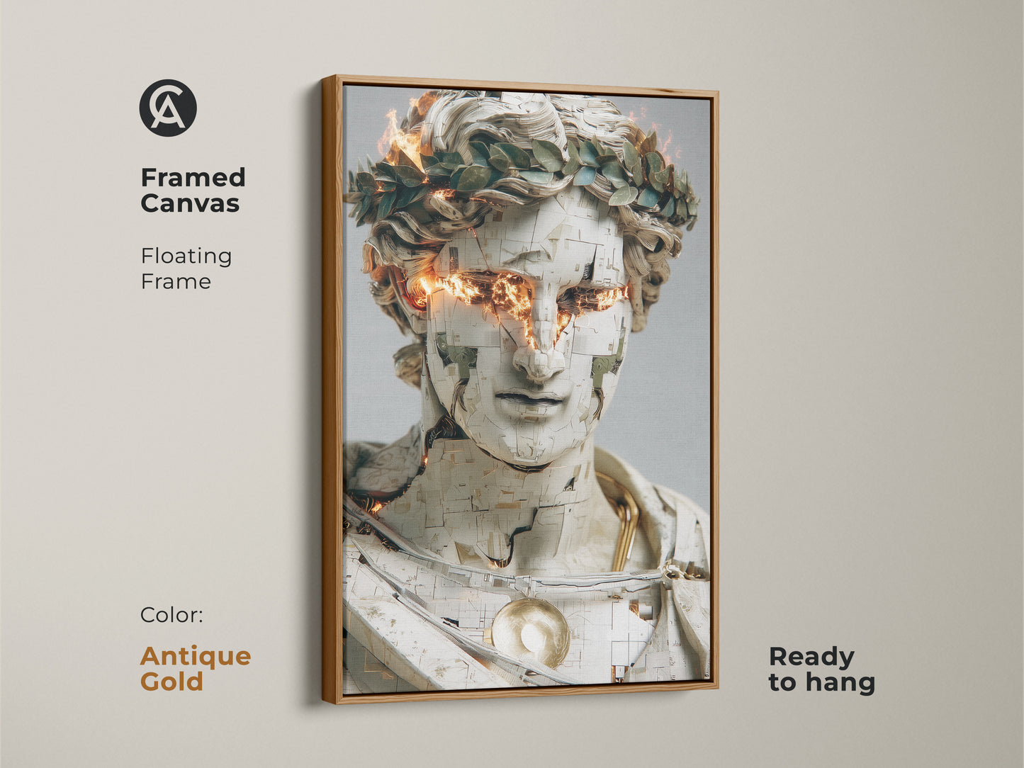 Framed canvas featuring an abstract bust with gold orange fire eyes in a floating frame. The antique gold frame enhances this contemporary artwork. Ready to hang this unique digital painting adds a modern touch to any space. Perfect for offices or as a special gift.
