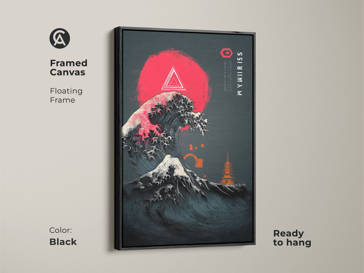 Framed canvas with floating frame featuring ukiyo-e inspired wave art. Japanese ocean waves canvas art with a crimson sun. Pagoda art print with minimalist entryway decor. This dark blue abstract art is ready to hang. It has a black frame and features a japanese landscape painting.