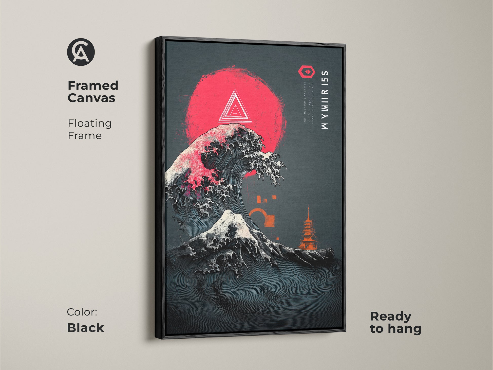 Framed canvas with floating frame featuring ukiyo-e inspired wave art. Japanese ocean waves canvas art with a crimson sun. Pagoda art print with minimalist entryway decor. This dark blue abstract art is ready to hang. It has a black frame and features a japanese landscape painting.