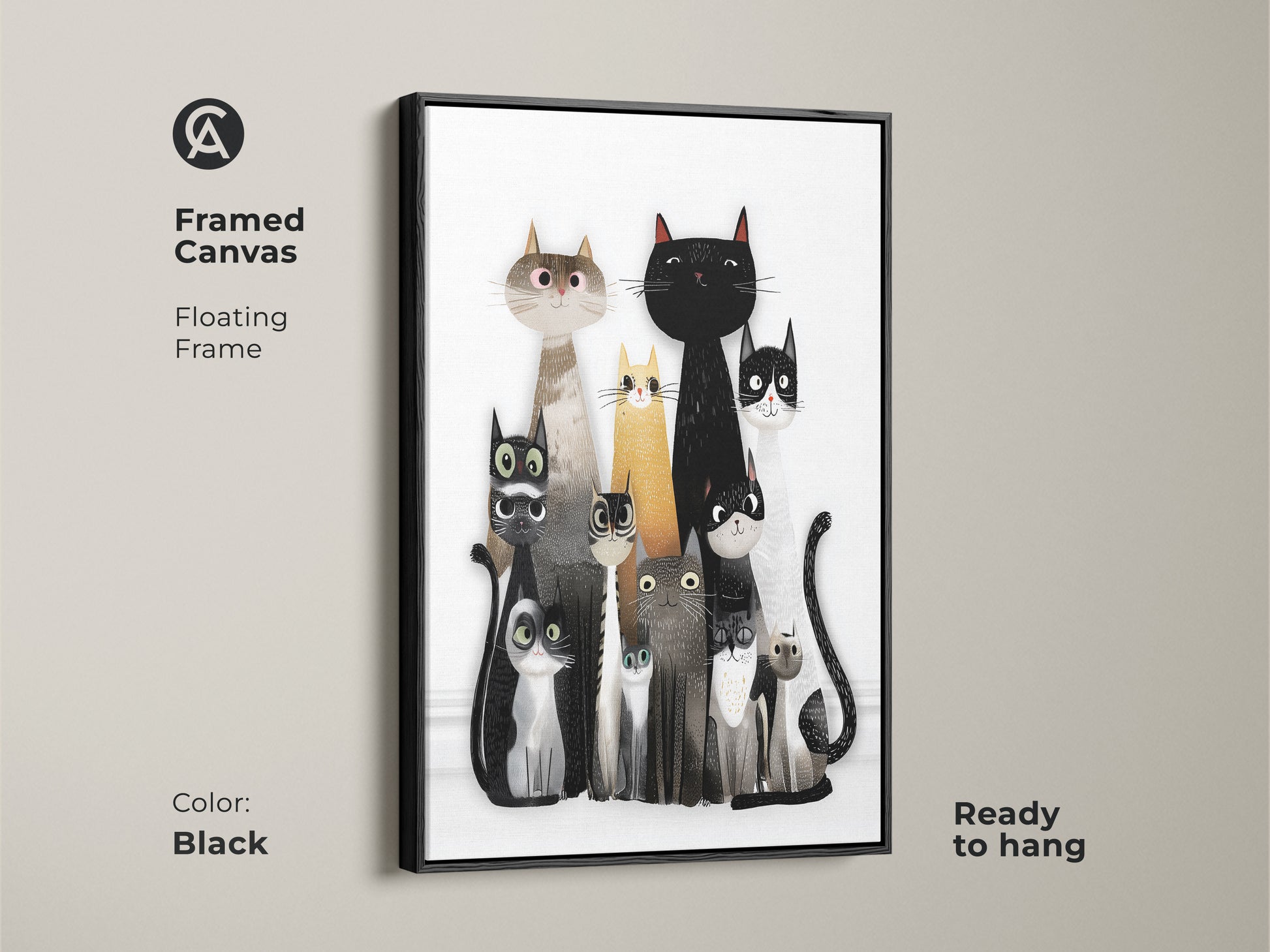 Framed Canvas of Cat Family Wall Art with a Black Floating Frame. This contemporary pet art is ready to hang. Chic cat wall decor perfect as a unique cat gift and stylish cat art for any cat owner.
