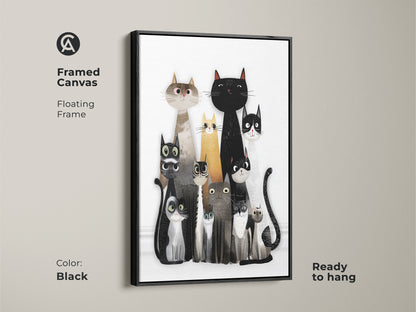 Framed Canvas of Cat Family Wall Art with a Black Floating Frame. This contemporary pet art is ready to hang. Chic cat wall decor perfect as a unique cat gift and stylish cat art for any cat owner.
