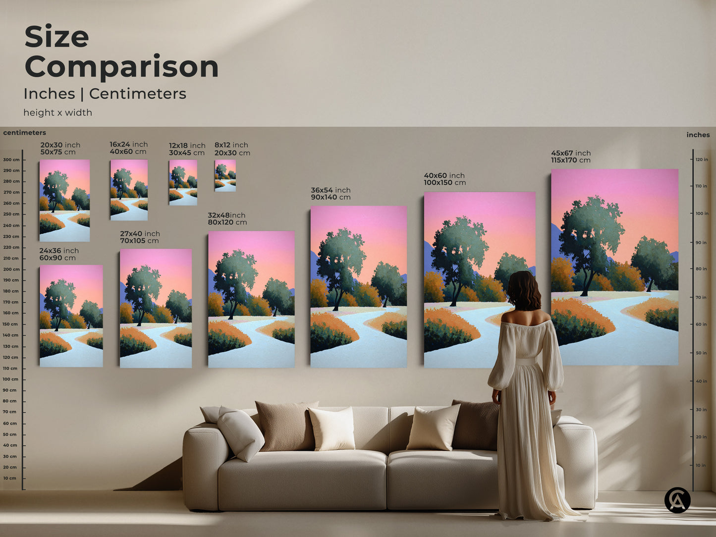 Size comparison featuring inches and centimeters. The modern abstract landscape artwork is shown in various sizes above a sofa. The contemporary trees wall art makes a statement. Perfect for living room or bedroom decor.