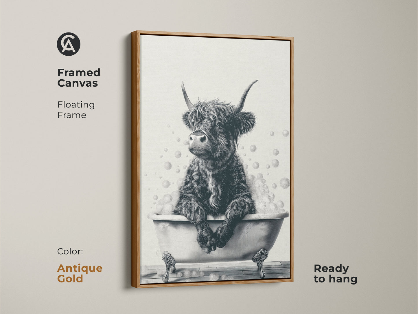 Antique gold framed canvas of a Highland cow in a bathtub. This floating frame is ready to hang. The black and white artwork adds a touch of vintage style. Ideal for farmhouse bathroom decor. A unique gift for cow lovers. This quirky animal portrait print stands out.