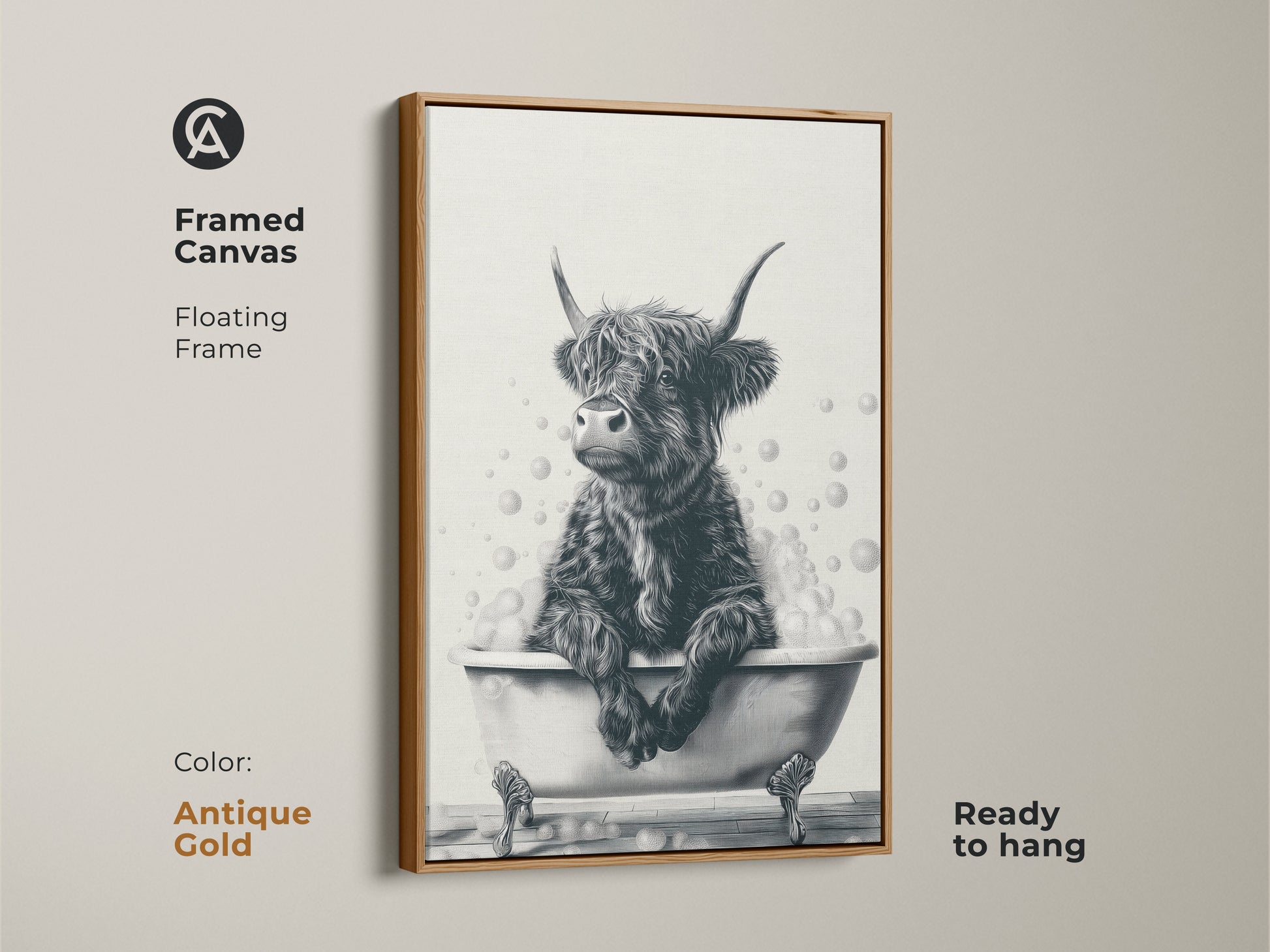 Antique gold framed canvas of a Highland cow in a bathtub. This floating frame is ready to hang. The black and white artwork adds a touch of vintage style. Ideal for farmhouse bathroom decor. A unique gift for cow lovers. This quirky animal portrait print stands out.