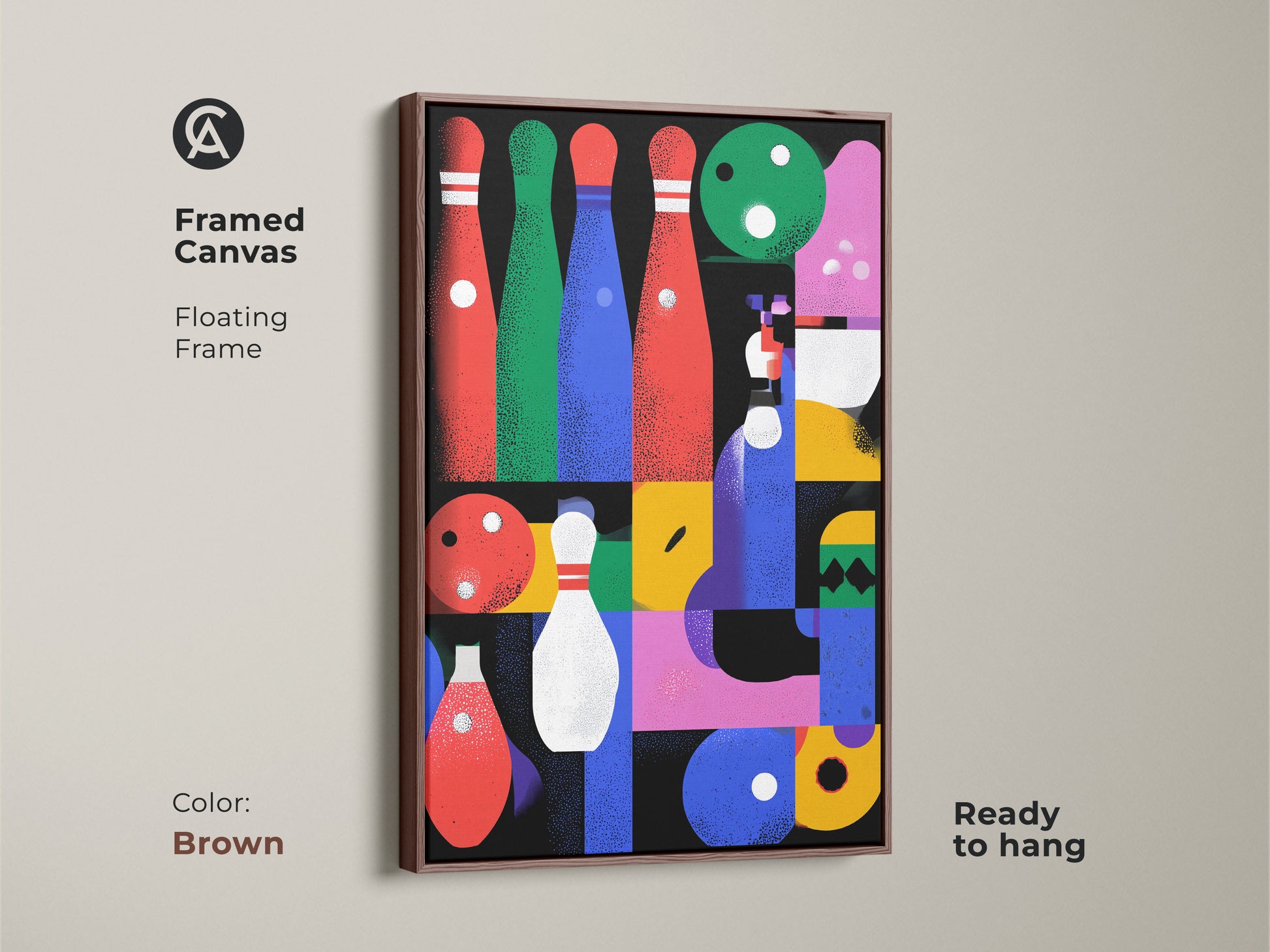 Framed canvas of abstract geometric bowling artwork with a brown floating frame. This mid-century modern art print is perfect as game room wall decor or a sports enthusiast gift. The eclectic artwork features red blue and pink abstract shapes. Ready to hang this piece adds modern flair to any residential space.
