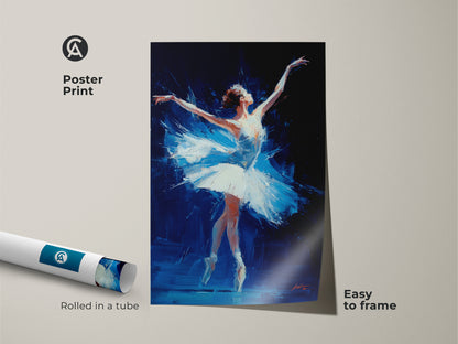 Ballerina poster print rolled in a tube. The painting has a white tutu and dark blue background. This easy-to-frame art brings ballet to your walls. The ballerina artwork is affordable. Shop posters now