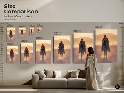 Size comparison of a cowboy on horseback canvas print. See how the rustic western artwork fits above a sofa. Available in sizes from 20x30 cm to 45x67 inch. The goldenrod orange tan landscape art is perfect for a study room or man cave. Ideal for western enthusiasts.