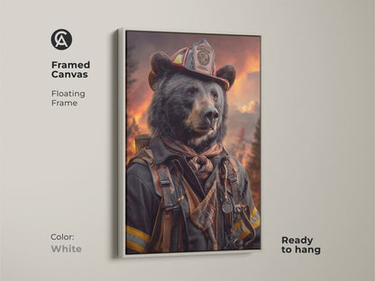 A framed canvas displays a bear dressed as a firefighter inside of a white floating frame ready to hang. This animal hero print offers an eclectic animal theme. A great firefighter appreciation gift.