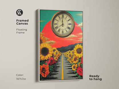 Framed canvas artwork in a white floating frame. This art shows a surreal scene with a sunflower path and retro clock. The yellow red and green colors create a vibrant and eclectic piece. Ready to hang for easy decoration.