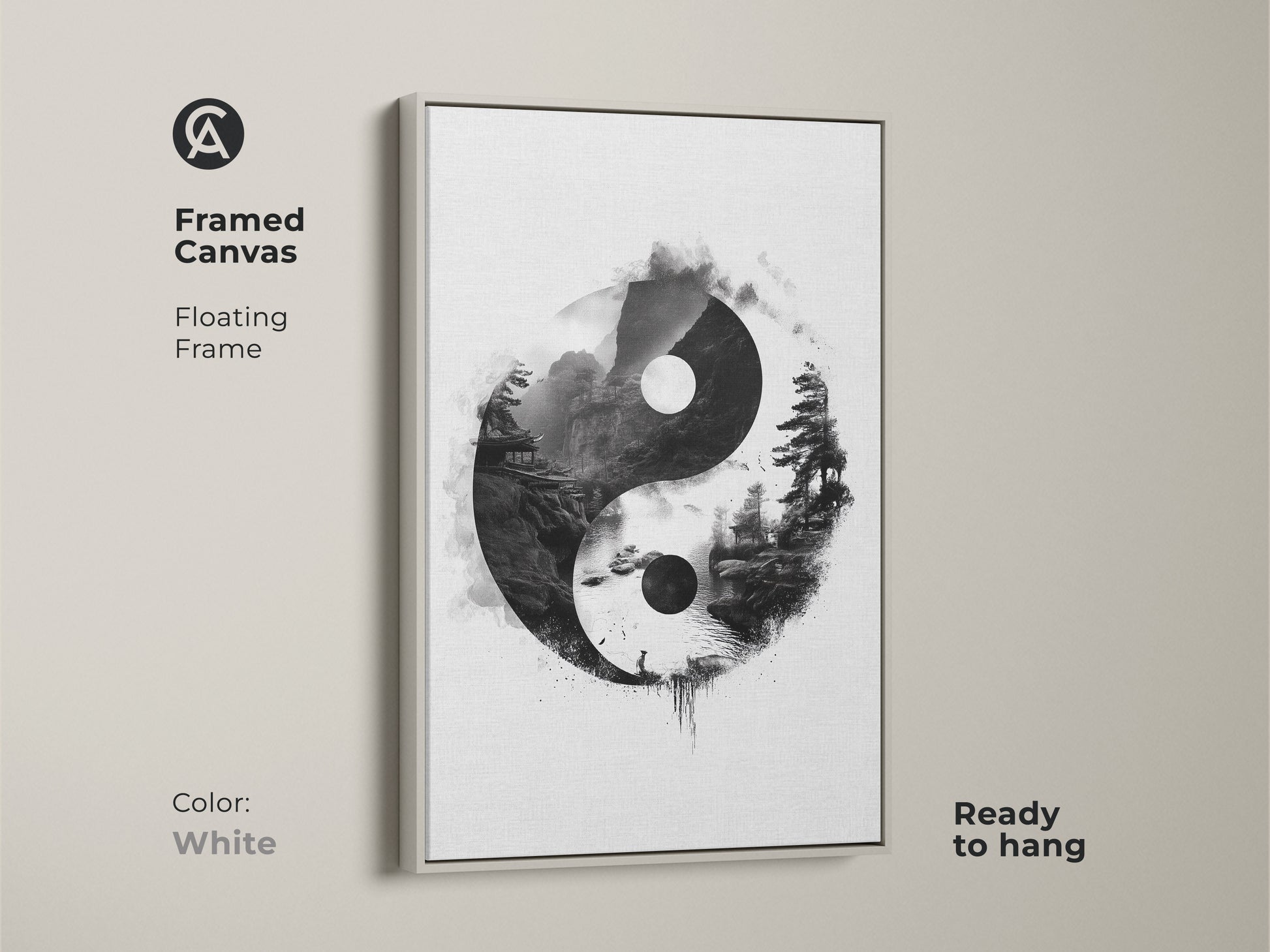 White framed canvas art showcasing Yin Yang artwork. Zen landscape print with pagoda in ink wash style creates balanced energy. This ready to hang meditation gift is minimalist and monochrome.