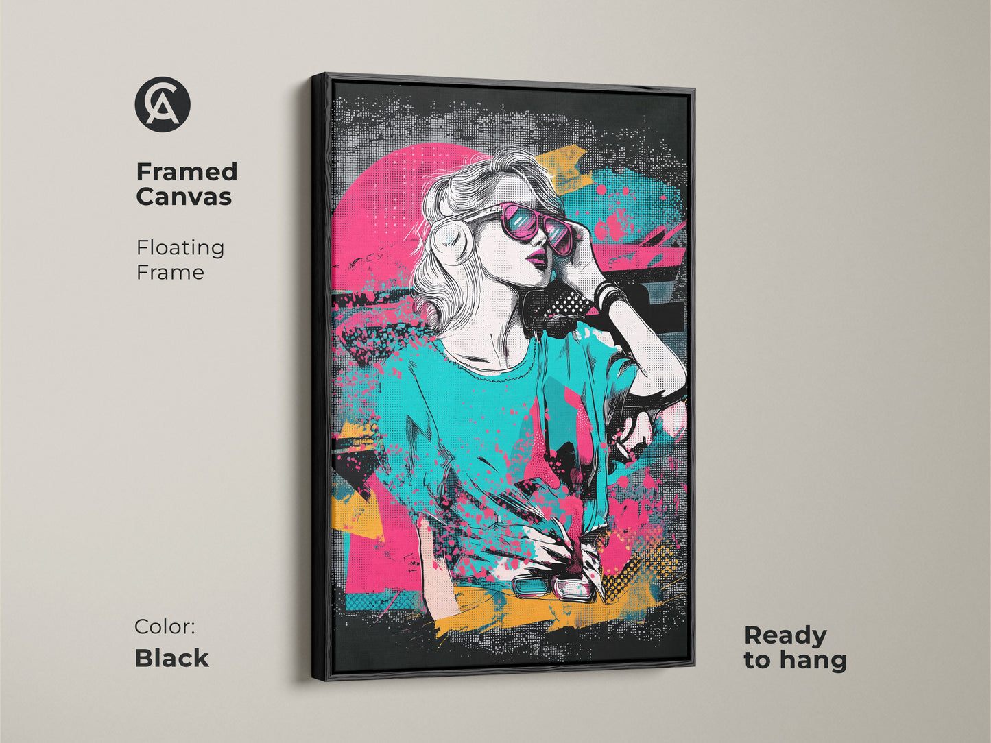 Framed Canvas Pop Art Print with a black floating frame. Features an abstract portrait of a woman in retro synthwave style. Pink teal and yellow colors create a vibrant 80s aesthetic. Ready to hang this eclectic artwork adds personality to any room. Ideal for music lovers.