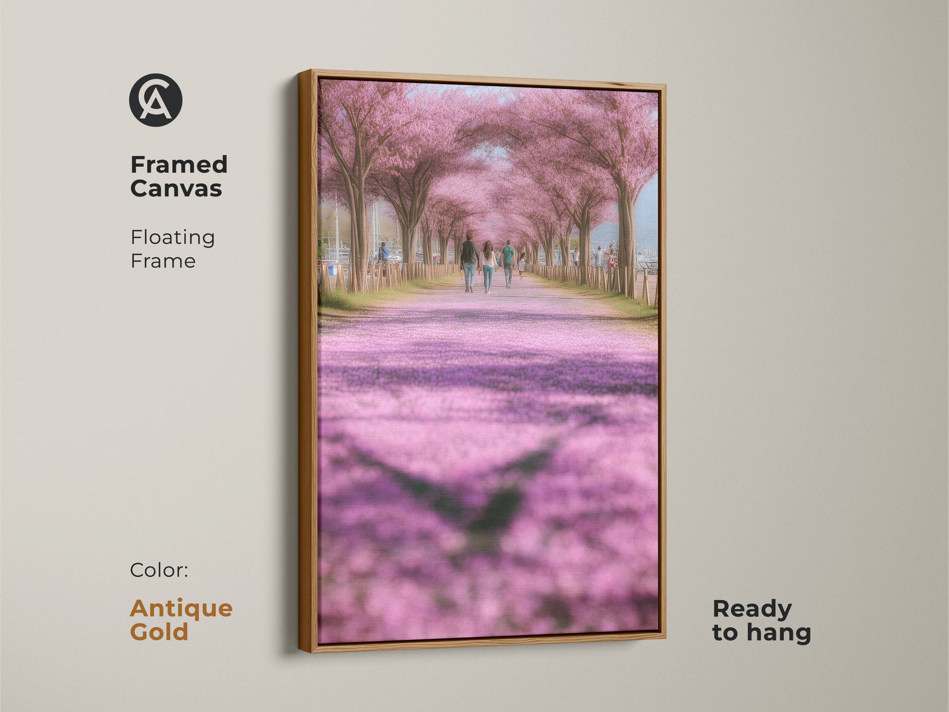 Antique gold framed canvas art featuring a pink cherry blossom path. This impressionistic landscape art is ready to hang. The romantic pathway artwork adds a touch of spring to any room. Perfect wall decor for living rooms and bedrooms. A great gift for nature enthusiasts.