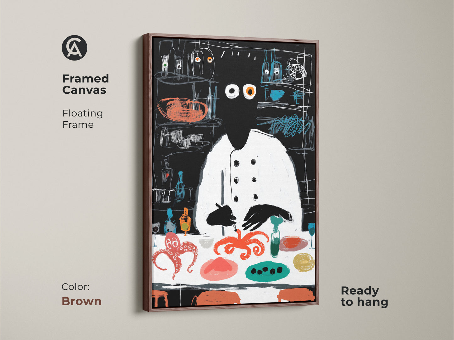 A framed canvas displays the abstract chef and octopus artwork with a brown floating frame. This modern canvas is ready to hang. Perfect for eclectic kitchens or dining spaces this food-themed artwork makes a great gift for chefs. Its unique style enhances any wall.