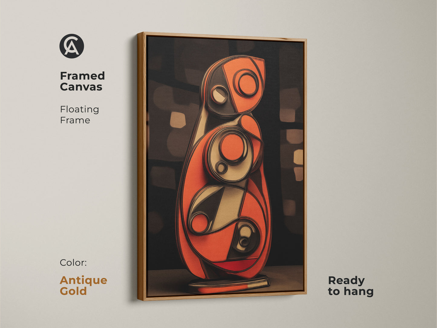 Contemporary geometric wall art for modern spaces. Features orange and blue abstract shapes. Ideal for adding a color splash to your office or living room. This canvas print offers a sophisticated and modern touch. A unique housewarming gift canvas.