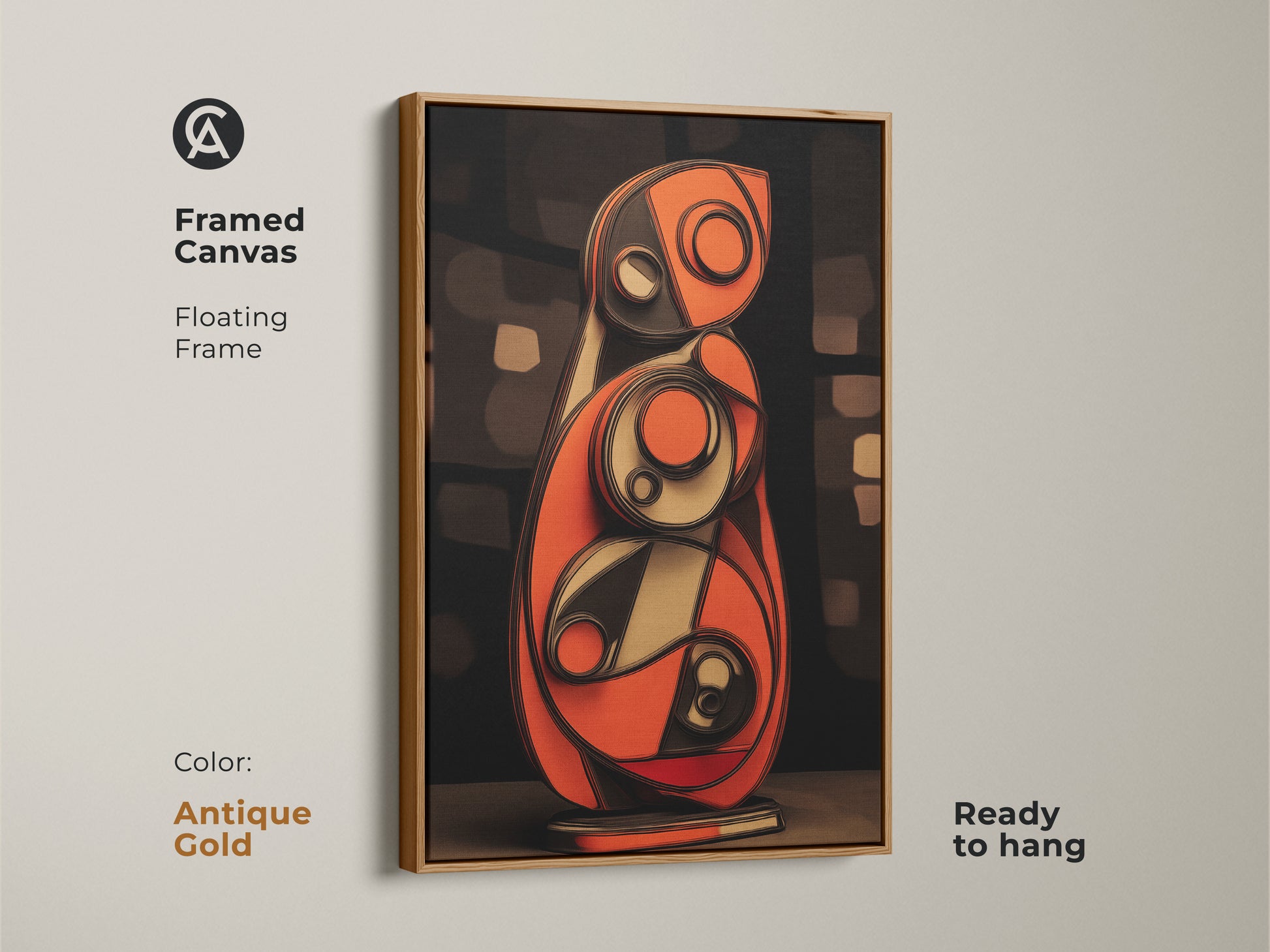 Contemporary geometric wall art for modern spaces. Features orange and blue abstract shapes. Ideal for adding a color splash to your office or living room. This canvas print offers a sophisticated and modern touch. A unique housewarming gift canvas.