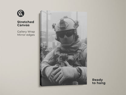 Stretched canvas showcasing a soldier in uniform. This gallery-wrapped artwork features mirror edges. Ready to hang it offers a modern and clean aesthetic perfect for military art collectors.