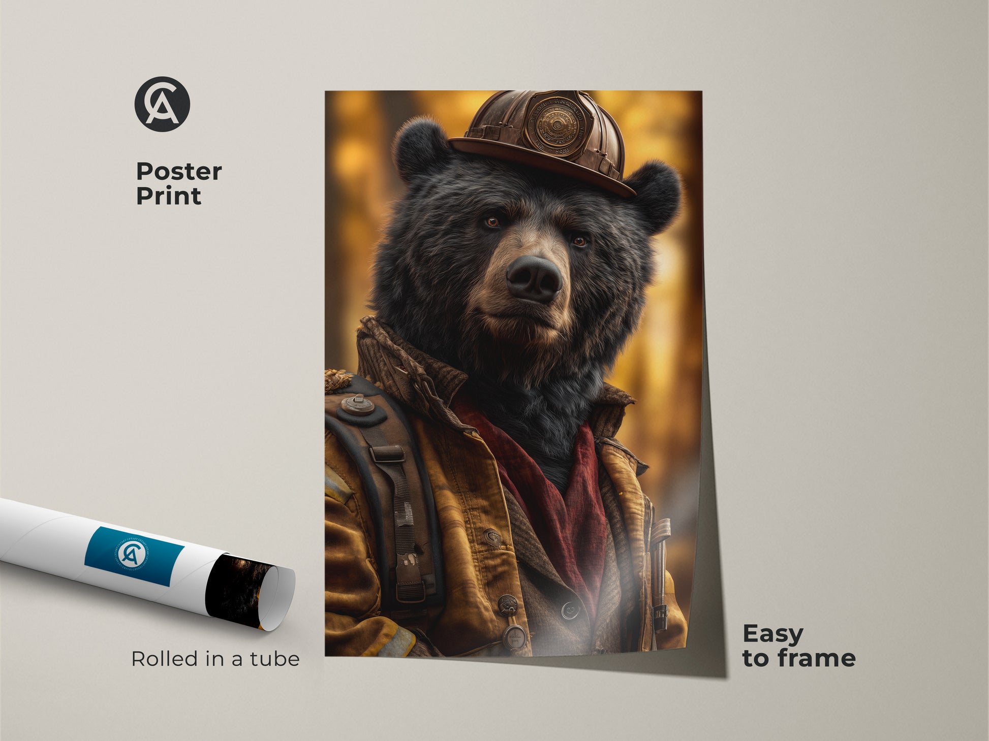 Wildlife bear firefighter art presented as a poster print. Its an easy to frame poster. The realistic animal artwork showcases a unique character portrait. This nature wildlife art makes a cool bear poster for man cave wall decor