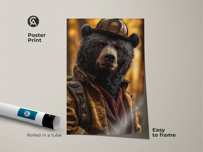 Wildlife bear firefighter art presented as a poster print. Its an easy to frame poster. The realistic animal artwork showcases a unique character portrait. This nature wildlife art makes a cool bear poster for man cave wall decor