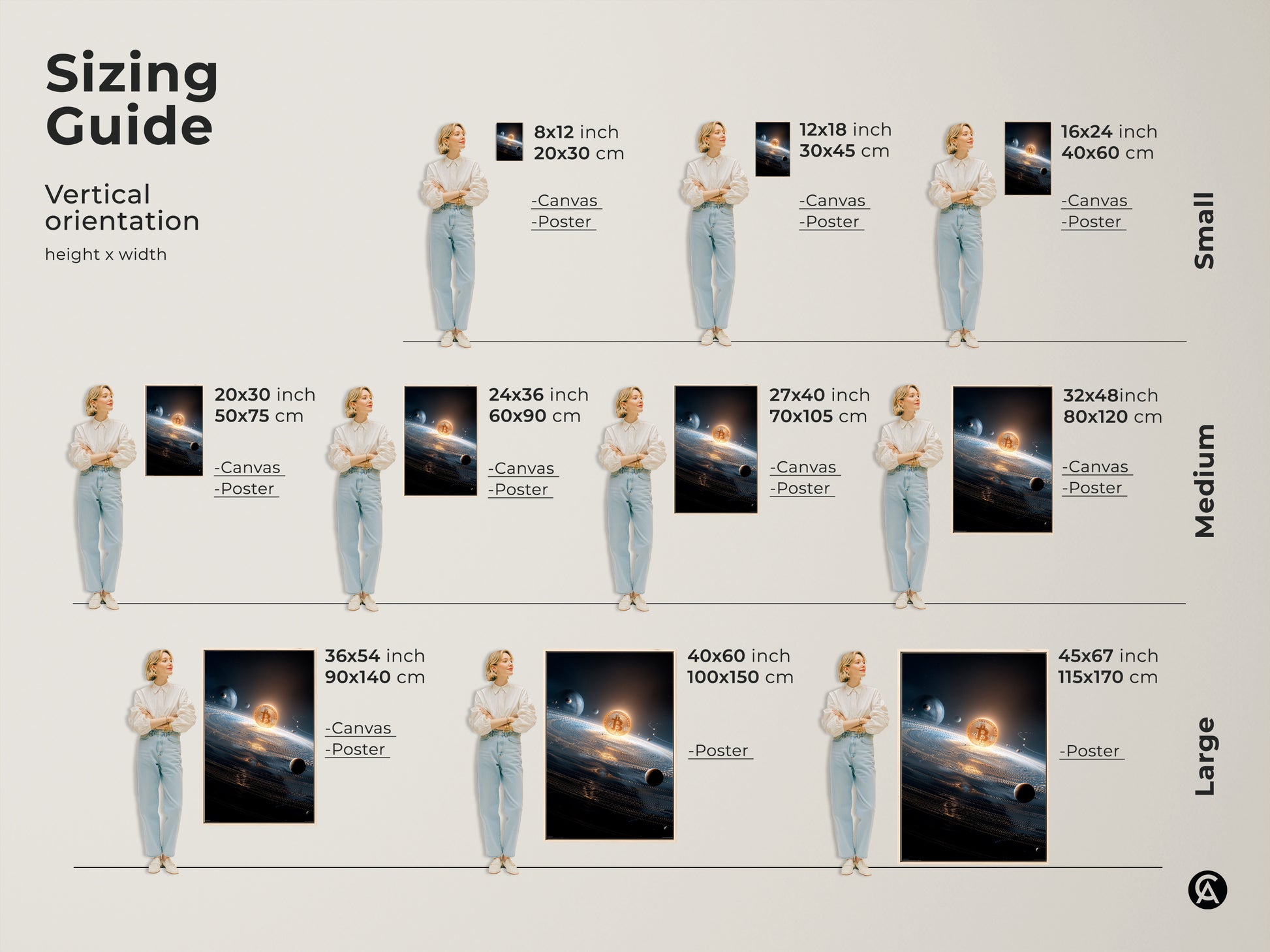Sizing guide for Bitcoin art. Vertical orientation canvas and poster art. Sizes range from small to large. Find the perfect size Bitcoin art for your space. Buy your Bitcoin art today.