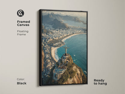 Framed canvas of Christ the Redeemer overlooking Rio. This black floating frame art piece features an aerial cityscape. The blue green teal wall decor is ready to hang. Perfect for travel enthusiasts and contemporary art collectors This artwork enhances any residential space with South America charm.