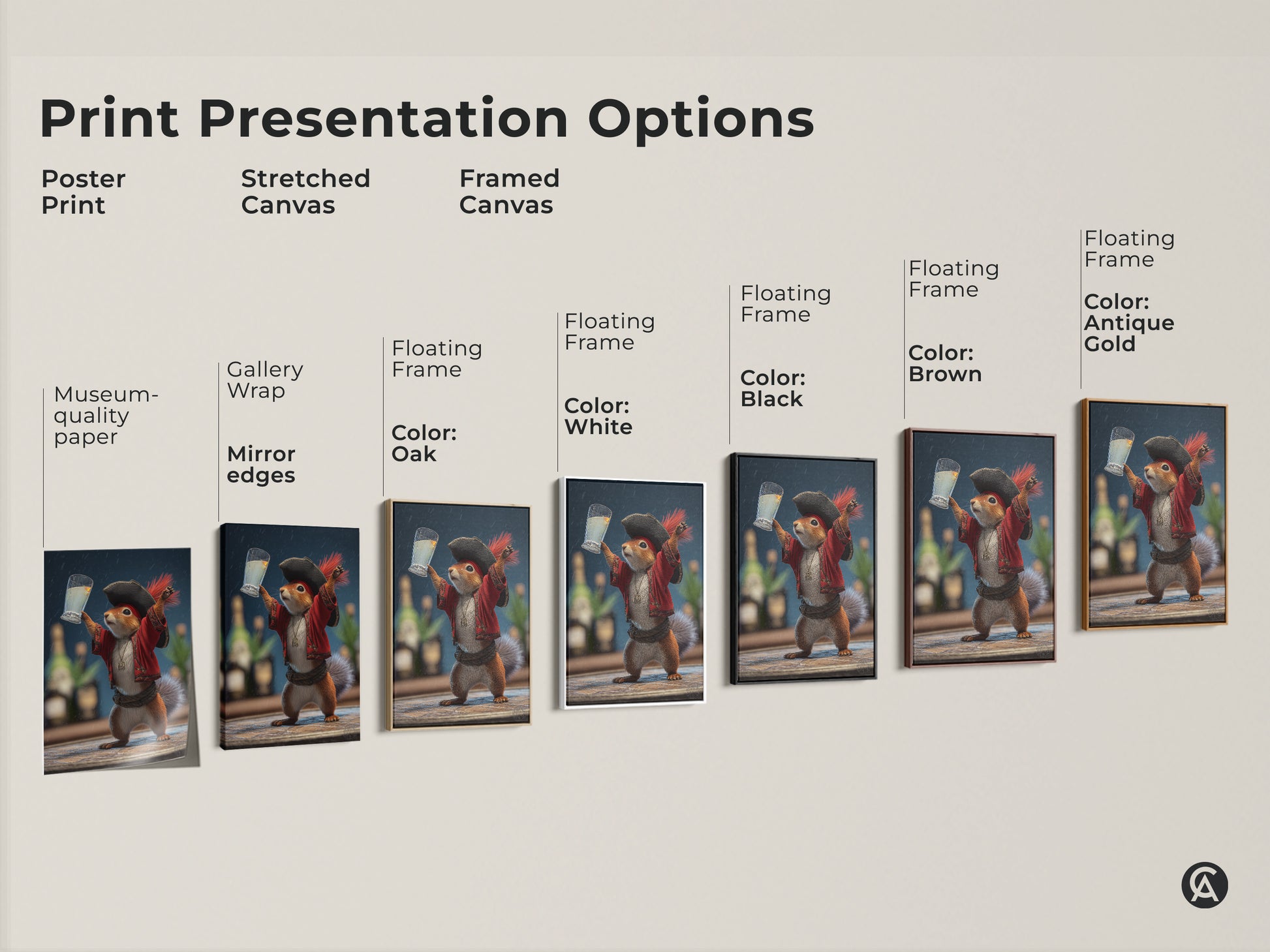 Print presentation options for whimsical pirate squirrel art. Choose from poster prints to stretched canvas and framed canvas. Find the perfect quirky home decor for animal lovers. Museum-quality paper and gallery wraps available.