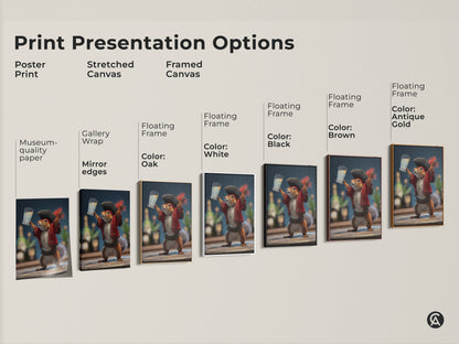 Print presentation options for whimsical pirate squirrel art. Choose from poster prints to stretched canvas and framed canvas. Find the perfect quirky home decor for animal lovers. Museum-quality paper and gallery wraps available.