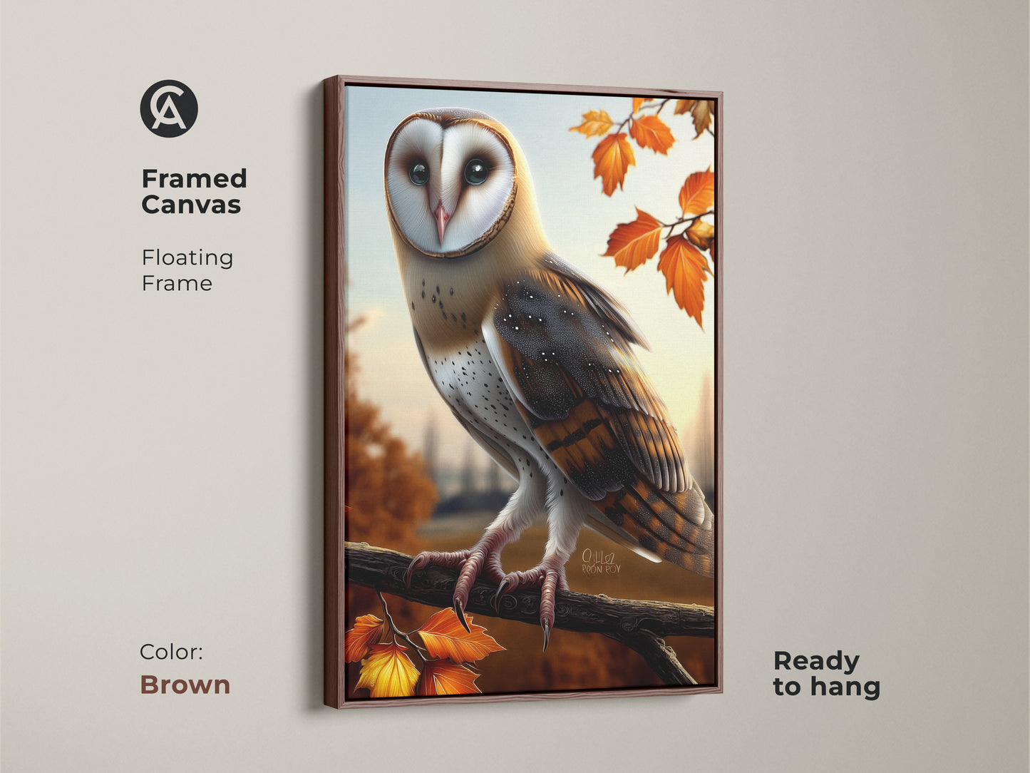 Framed canvas of a realistic barn owl artwork with a brown floating frame. Rustic woodland animal decor featuring autumn maple leaves. Perfect bird lover housewarming gift. Nature inspired wall art.
