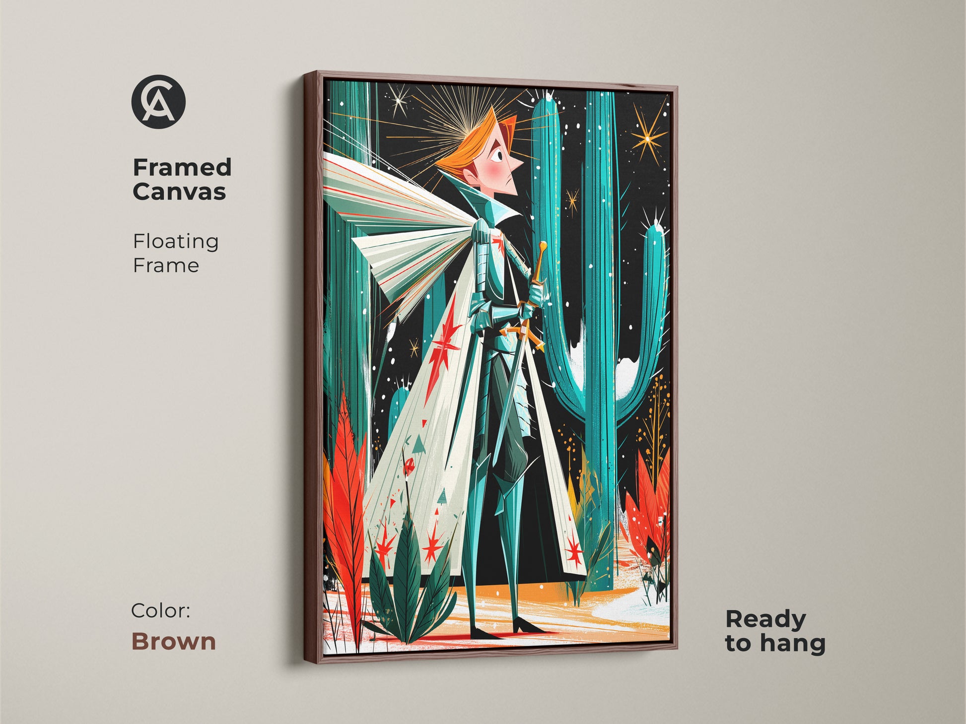 This framed canvas features fantasy knight art in a floating brown frame. Retro desert style blends with a mid-century modern aesthetic in teal orange and green tones. Arrives ready to hang.