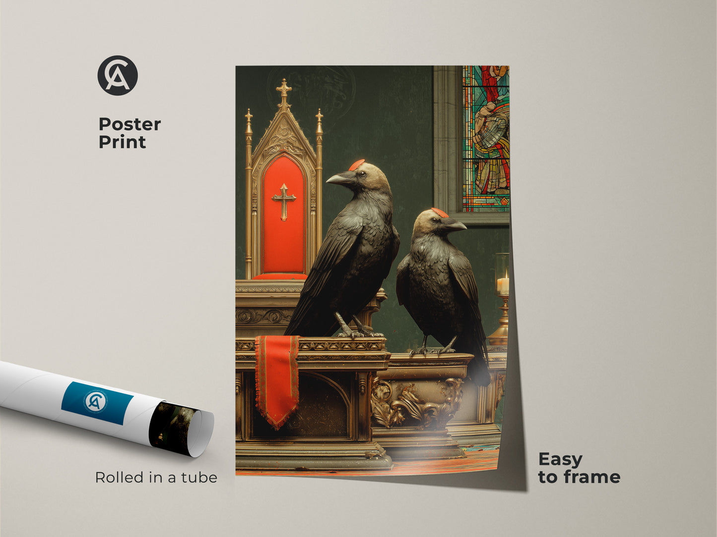 Gothic Crow Wall Art rolled as a poster is easy to frame. Dark Academia Art Print with ornate altar decor is perfect for a study room. Black bird artwork with religious symbolism offers a Halloween gothic gift