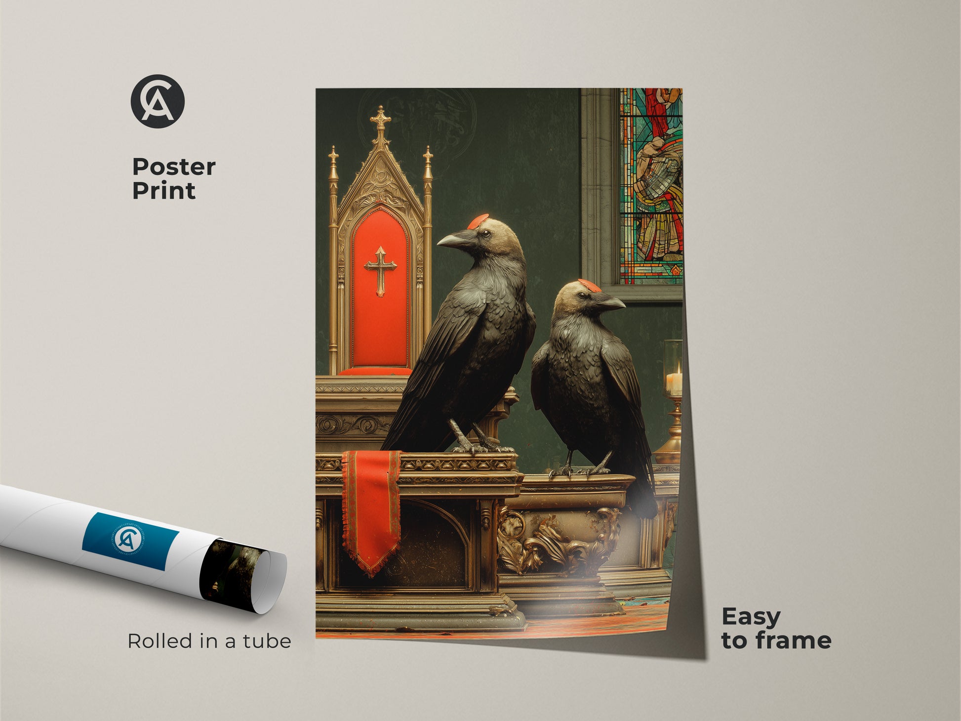 Gothic Crow Wall Art rolled as a poster is easy to frame. Dark Academia Art Print with ornate altar decor is perfect for a study room. Black bird artwork with religious symbolism offers a Halloween gothic gift