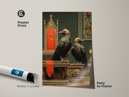 Gothic Crow Wall Art rolled as a poster is easy to frame. Dark Academia Art Print with ornate altar decor is perfect for a study room. Black bird artwork with religious symbolism offers a Halloween gothic gift
