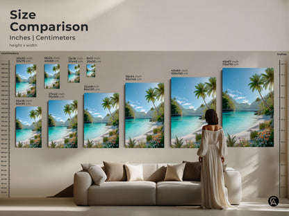 Size comparison of tropical beach artwork. This art is available in multiple sizes. The canvas and poster prints feature turquoise water palm trees and flowers. Shop now.