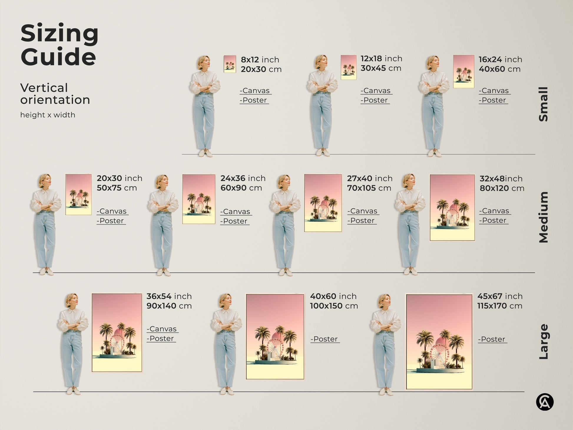 Sizing guide for vertical orientation artwork including canvas and poster prints. Heights range from small medium to large. The retro futurism piece features a pastel yellow Ferris wheel and palm trees. Find the perfect size for your boho summer vacation art decor. Sizes available in inches and centimeters.