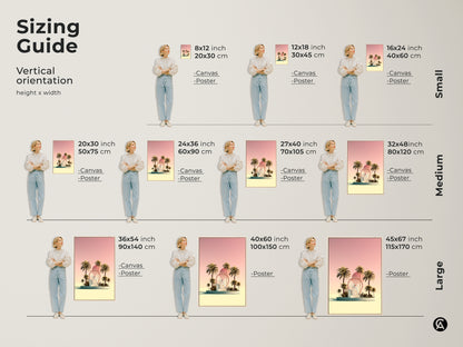 Sizing guide for vertical orientation artwork including canvas and poster prints. Heights range from small medium to large. The retro futurism piece features a pastel yellow Ferris wheel and palm trees. Find the perfect size for your boho summer vacation art decor. Sizes available in inches and centimeters.