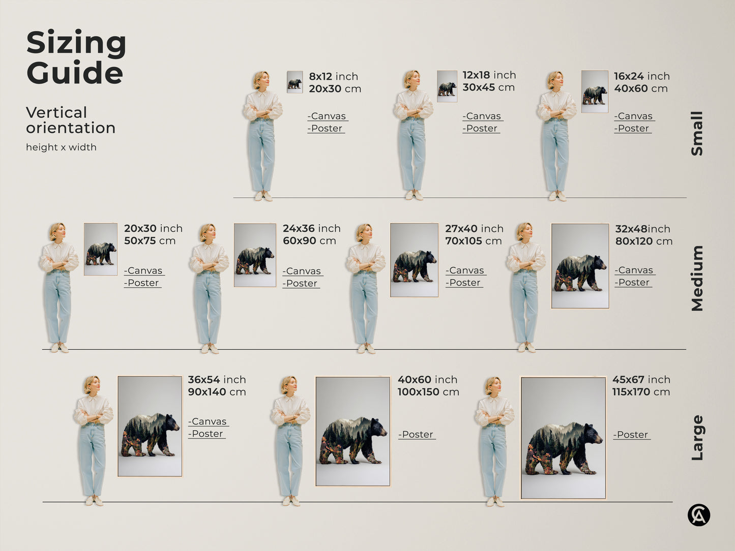 Sizing guide for vertical bear double exposure artwork. Available as canvas or poster. Sizes range from small to large. Find the perfect fit for your space. Visualize how the art looks with a model for scale and perspective.