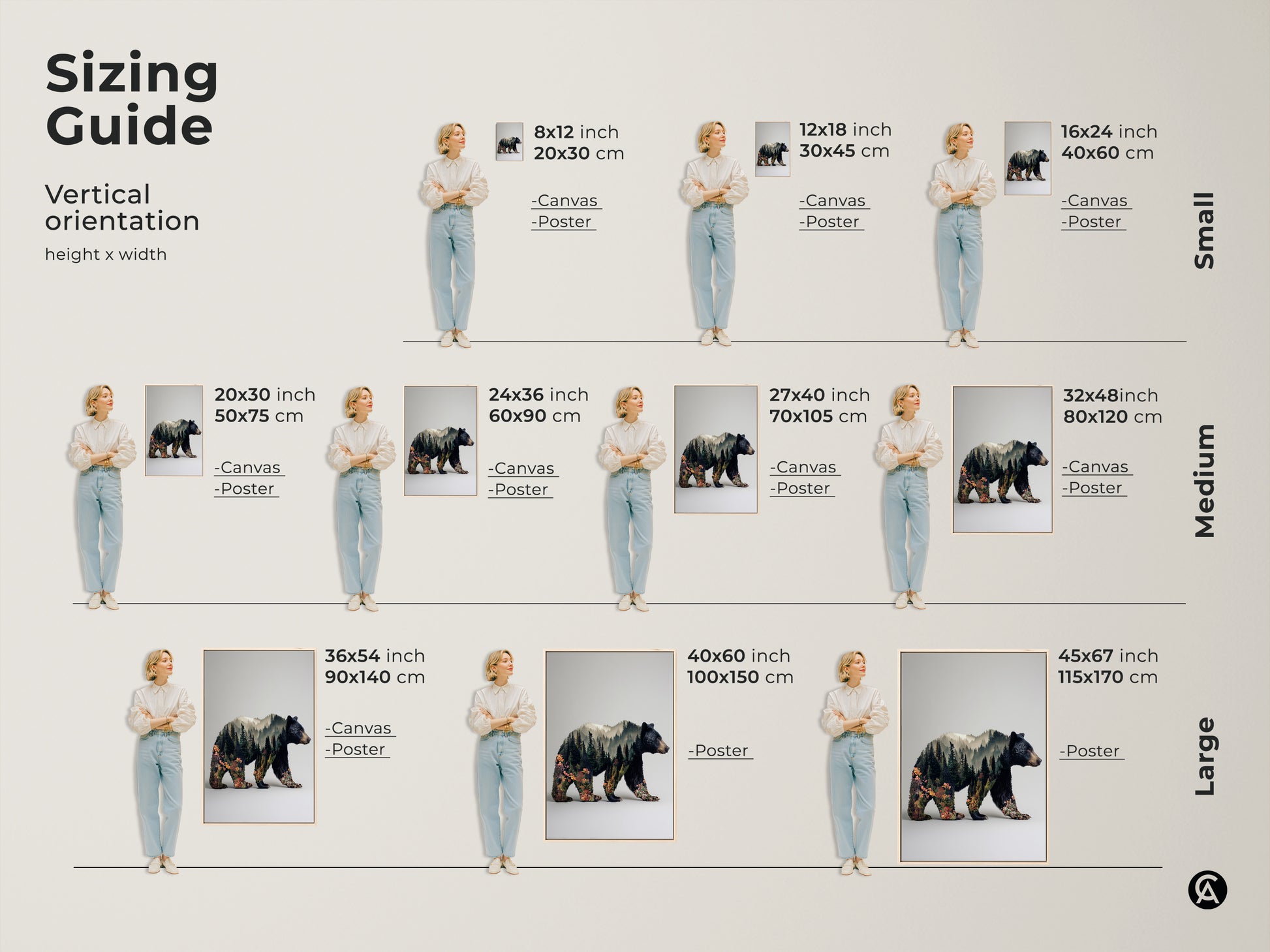 Sizing guide for vertical bear double exposure artwork. Available as canvas or poster. Sizes range from small to large. Find the perfect fit for your space. Visualize how the art looks with a model for scale and perspective.