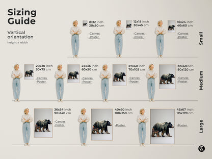 Sizing guide for vertical bear double exposure artwork. Available as canvas or poster. Sizes range from small to large. Find the perfect fit for your space. Visualize how the art looks with a model for scale and perspective.