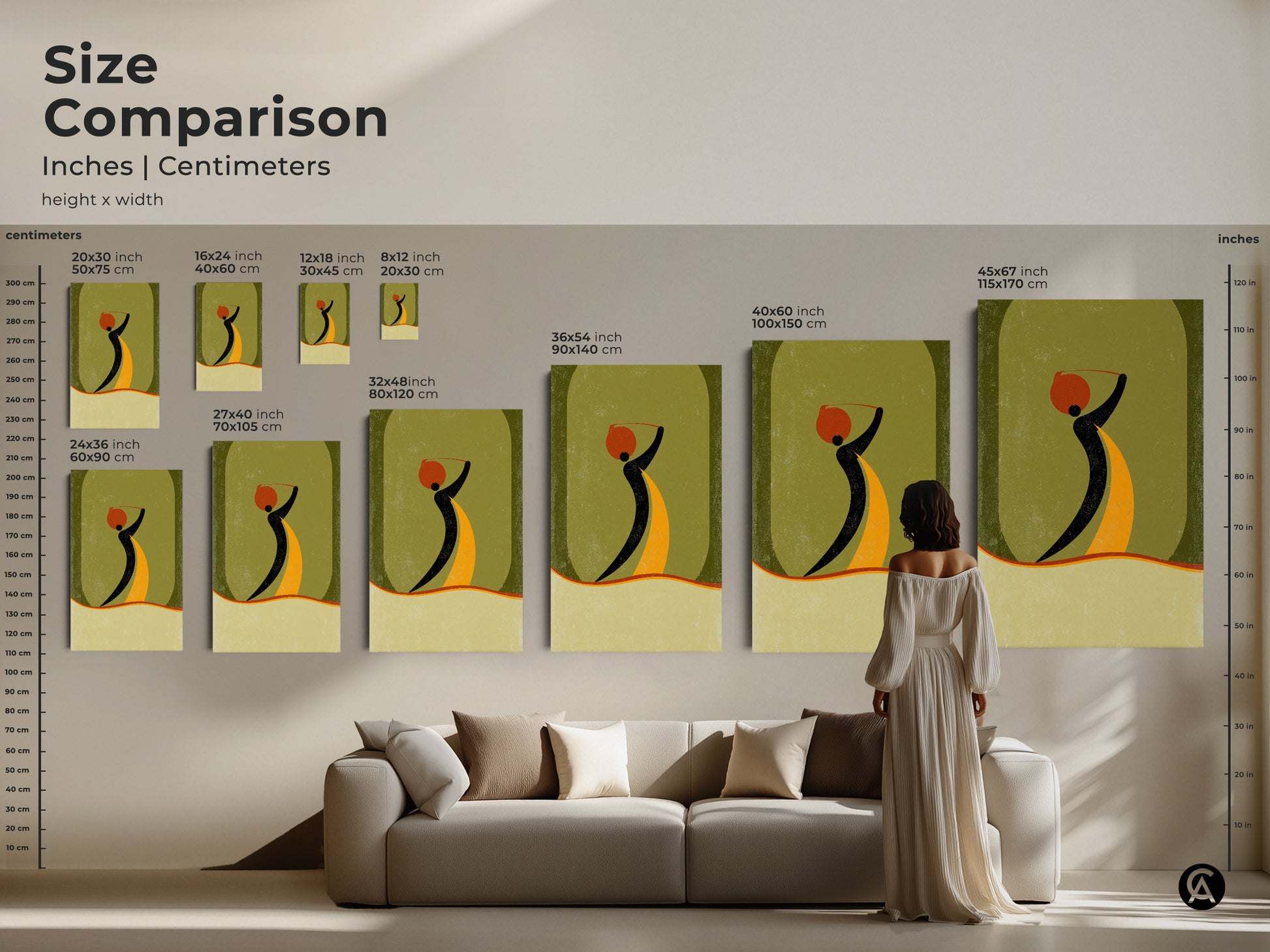 Size comparison of abstract woman art prints in inches and centimeters. See how the art fits above a sofa and with a person for scale. This boho mid-century modern decor enhances any space.