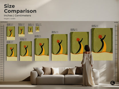 Size comparison of abstract woman art prints in inches and centimeters. See how the art fits above a sofa and with a person for scale. This boho mid-century modern decor enhances any space.
