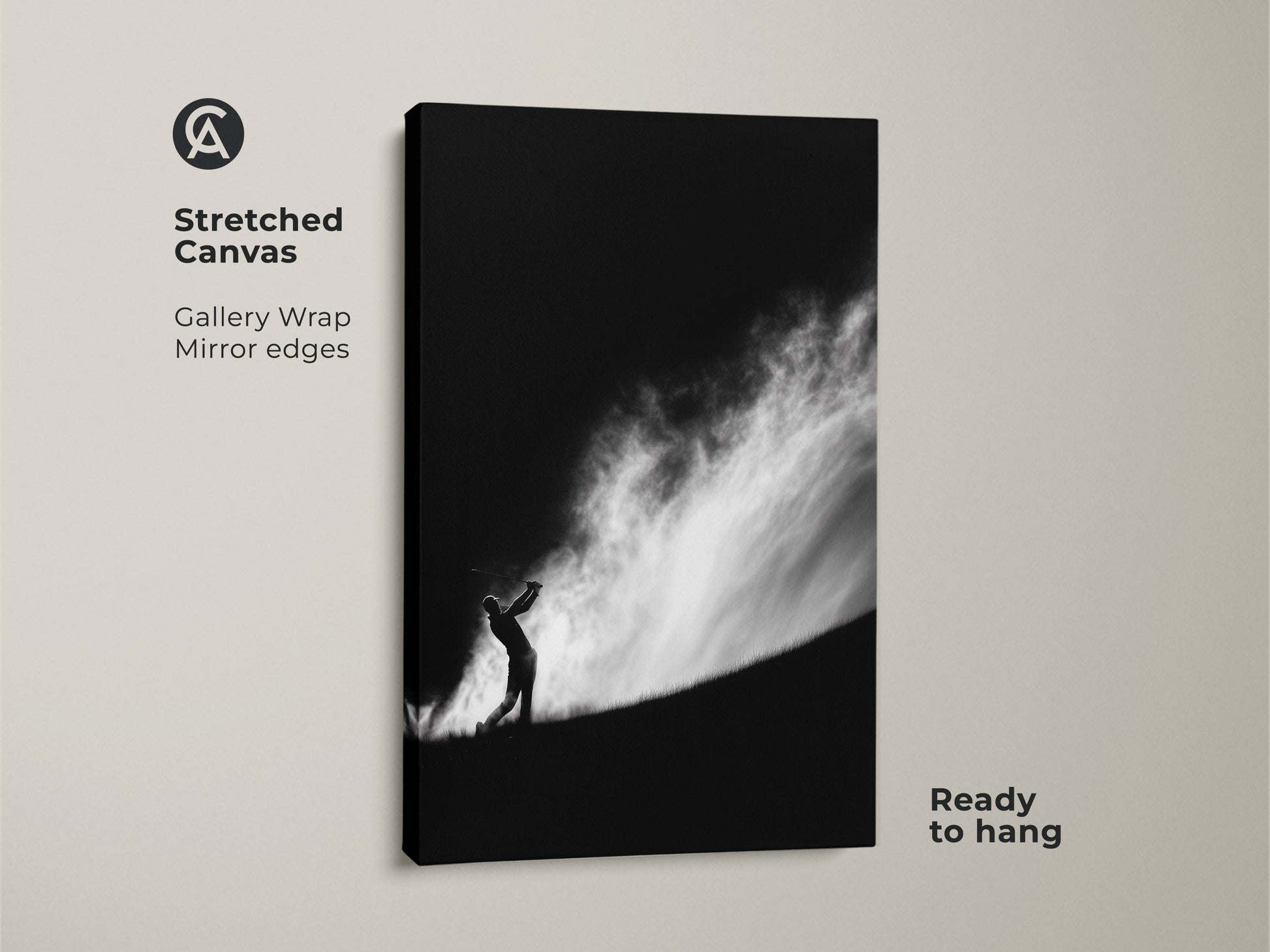 Stretched canvas gallery wrap featuring a golfer. This black and white artwork has mirrored edges. It's a ready-to-hang fine art piece perfect for golf lovers. The dramatic sky adds a unique touch to the print.