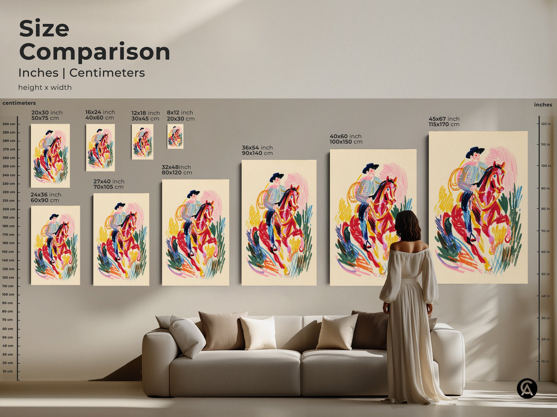 Size comparison featuring the cowboy riding horse art in inches and centimeters. The artwork is displayed in various sizes above a sofa. This helps visualize the scale in a living space.