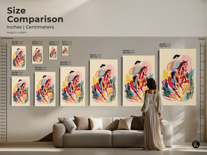 Size comparison featuring the cowboy riding horse art in inches and centimeters. The artwork is displayed in various sizes above a sofa. This helps visualize the scale in a living space.