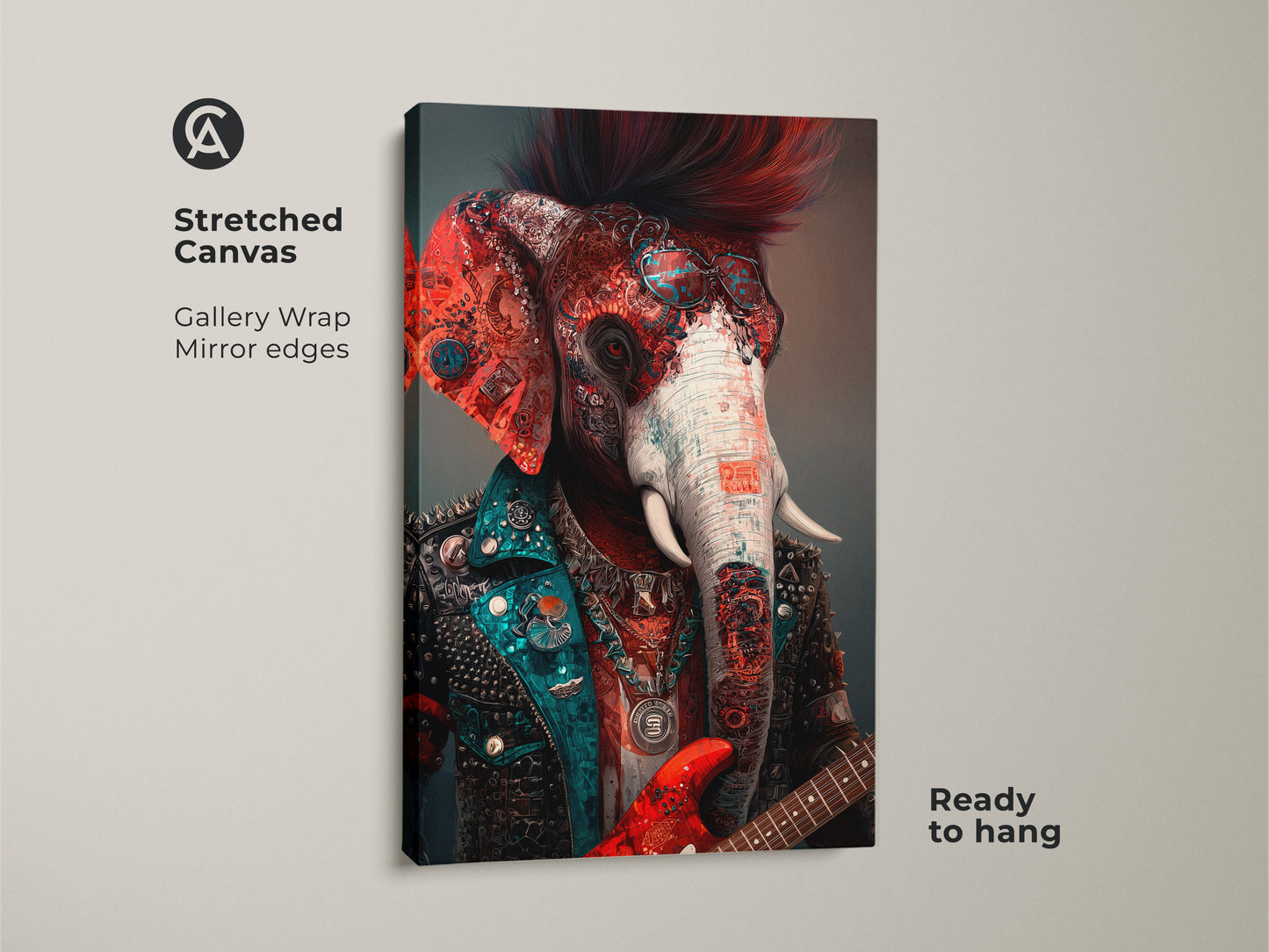 Stretched canvas print showcasing a surreal elephant art piece. This punk rock guitar artwork features red orange and teal hues. It's ready to hang and perfect for eclectic home decor.
