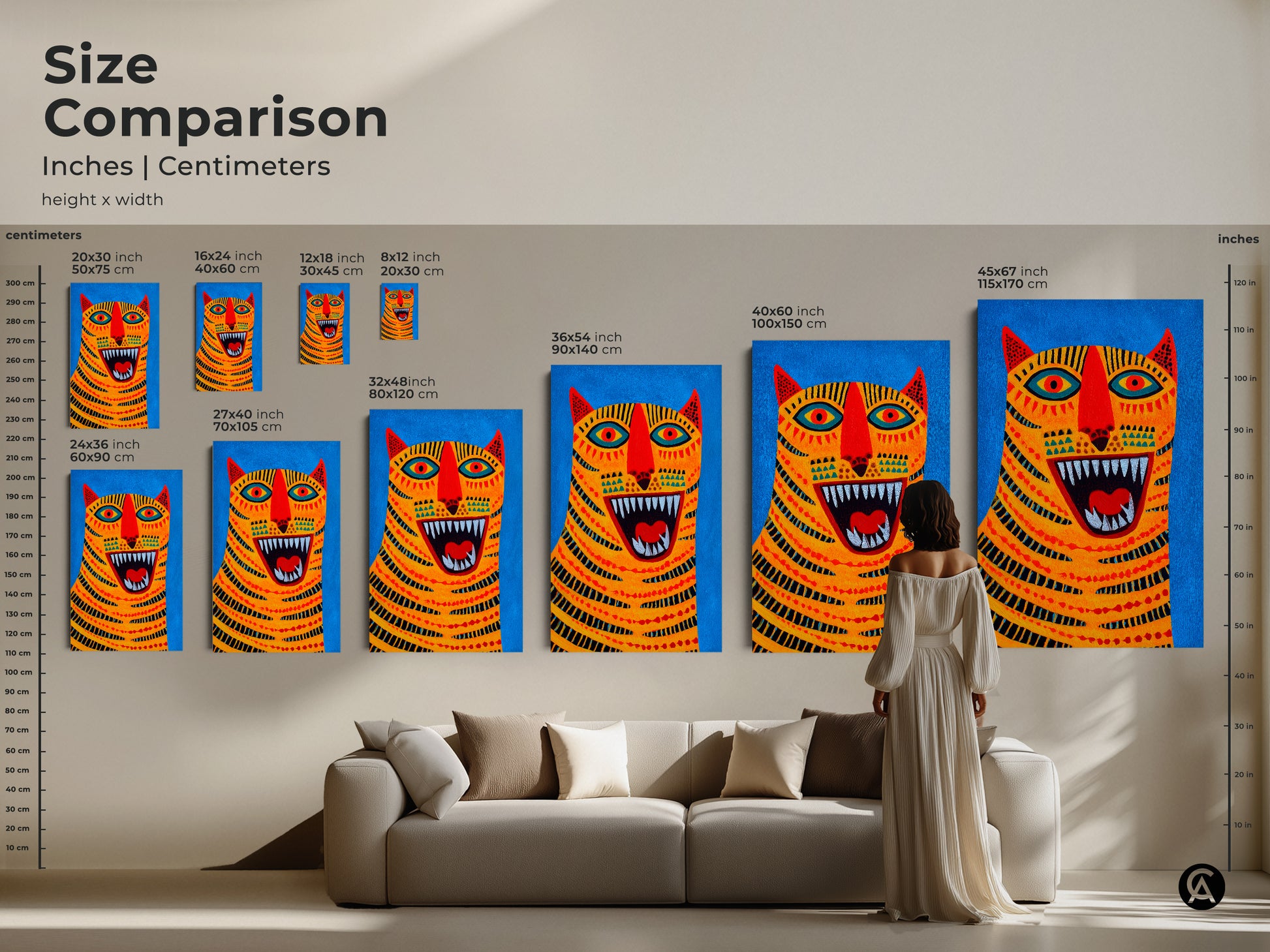 Size Comparison. The Abstract Tiger Face Art is shown in various sizes on Canvas and Poster Print. The sizes are compared in inches and centimeters. A woman is standing near the largest size for scale. A great piece of Eclectic art for bedroom unique birthday gift.