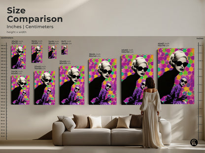 Size comparison of the pop art canvas in various dimensions. Artwork is shown above a sofa to illustrate scale. This eclectic glam bedroom art is perfect for a stylish space. It's a retro glam home gift.