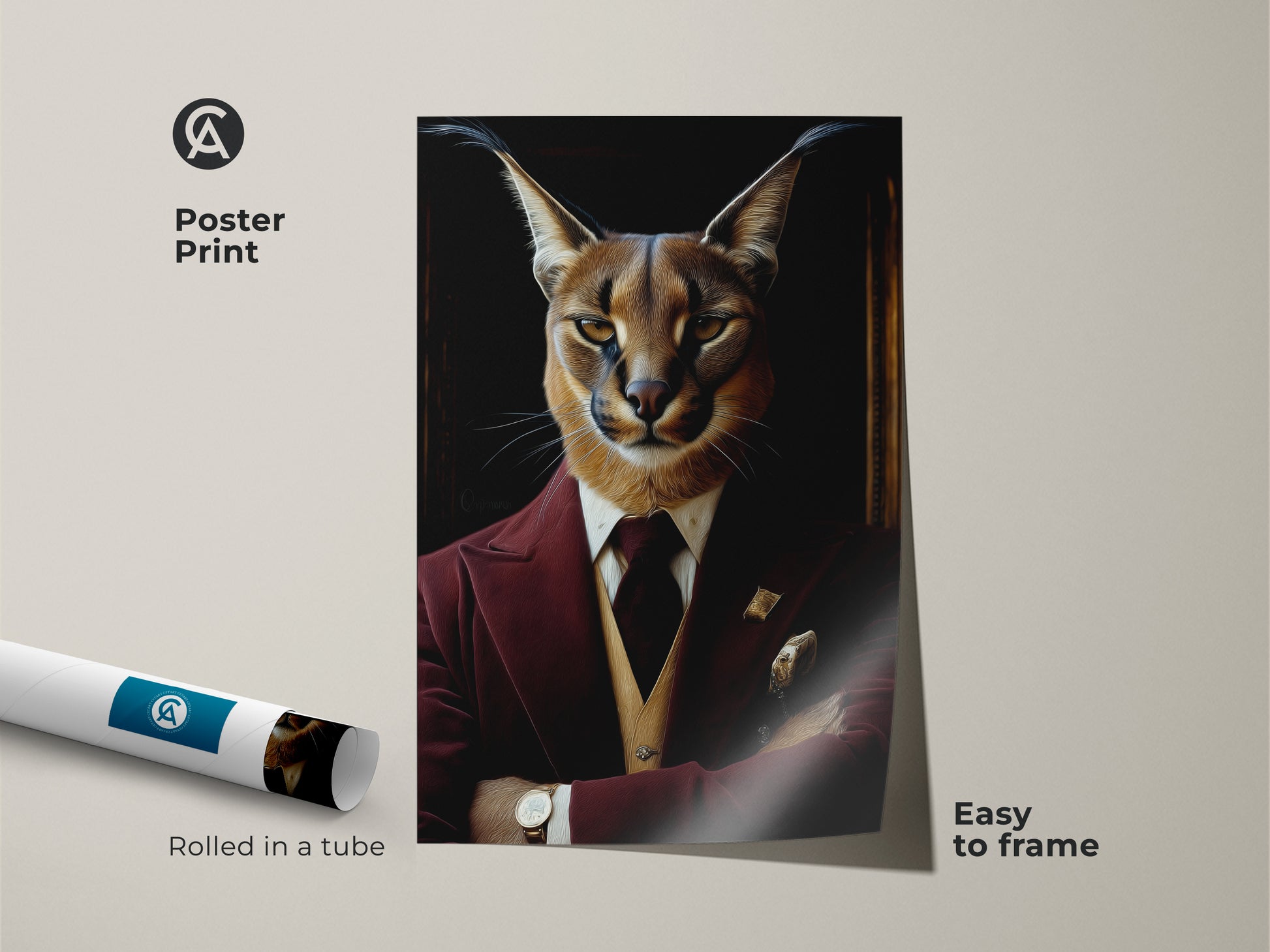 Caracal Poster Print Rolled in a Tube. This renaissance cat portrait is easy to frame. The animal lover gift features a burgundy tuxedo art. It's a unique animal art piece for your study room art. This dapper cat print is inspired by art nouveau.