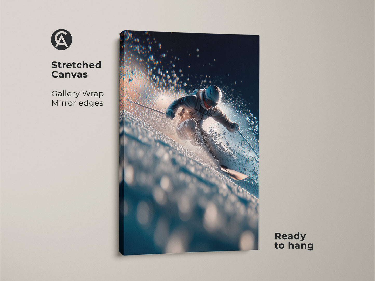 Stretched canvas print featuring a skier carving through powder. Mirror edges create a gallery wrap look. Ready to hang and enjoy. Add a touch of winter sports to your home decor.